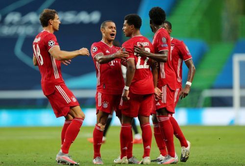 Soccer Football - Champions League Semi Final - Olympique Lyonnais v Bayern Munich - Jose Alvalade Stadium, Lisbon, Portugal - August 19, 2020  Bayern Munich's Serge Gnabry celebrates scoring their first goal with teammates, as play resumes behind closed doors following the outbreak of the coronavirus disease (COVID-19)  Miguel A. Lopes/Pool via REUTERS