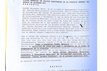 Representante propietario del PRI ante el Consejo Municipal Electoral en Solidaridad, del Ieqroo, denunció a Laura Esther Beristaín Navarrete
