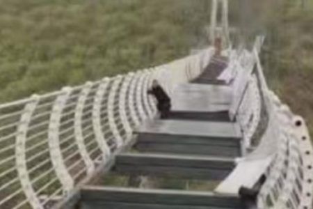 Terror en el aire; Colapsa puente de vidrio en China, un turista se aferra por no caer al vacío