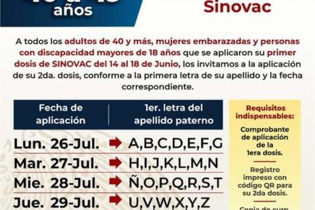 RECIBIRÁN PERSONAS DE 40 A 49 AÑOS DE EDAD SEGUNDA DOSIS DE LA VACUNA CONTRA COVID-19 EN PUERTO MORELOS
