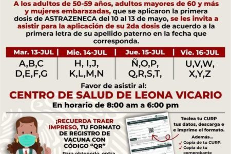 ANUNCIAN APLICACIÓN DE SEGUNDA DOSIS DE VACUNA CONTRA COVID-19 A PERSONAS DE 50-59 AÑOS EN PUERTO MORELOS