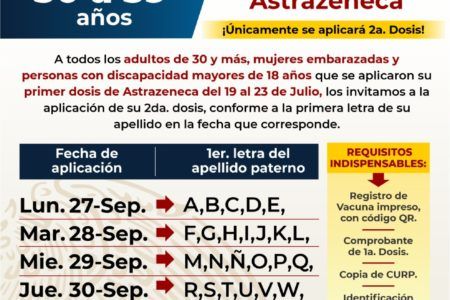 INVITA GOBIERNO DE PUERTO MORELOS A PERSONAS DE 30 A 39 AÑOS A RECIBIR SEGUNDA DOSIS DE VACUNA CONTRA COVID-19