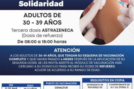 Anuncian jornada de vacunación para tercera dosis de Astra Zéneca 