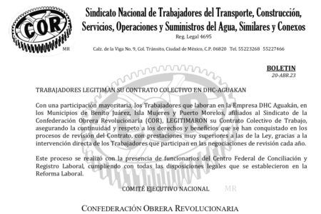 Trabajadores legitiman su contrato colectivo en DHC-AGUAKAN