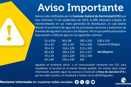 Falta de agua o baja presión en Cancún e Isla Mujeres por trabajos de CFE