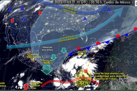 Interactúa frente frío 8 con baja presión; se prevén intensas lluvias en Quintana Roo