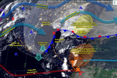 Se desplaza el frente frío 9 sobre la Península Yucatán; se esperan fuertes lluvias en Quintana Roo