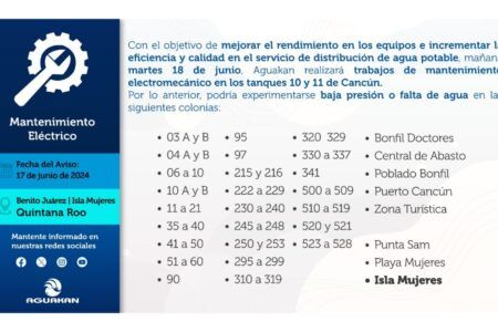 ANUNCIA AGUAKAN NUEVA FECHA PARA MANTENIMIENTOELECTROMECÁNICO EN CANCÚN E ISLA MUJERES