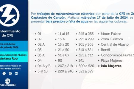 AGUAKAN ANUNCIA AFECTACIÓN DE SERVICIO PORMANTENIMIENTO DE CFE EN ZONA DE CAPTACIÓN DE CANCÚN
