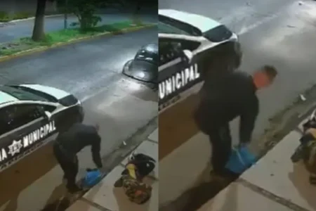 Exhiben a policía de Apizaco robar mochila a indigente