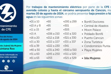 AGUAKAN ANUNCIA AFECTACIÓN DE SERVICIO EN CANCÚN POR MANTENIMIENTO DE CFE