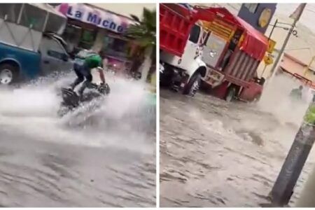 Sorprende en Naucalpan habilidad de motociclista que “surfea” las inundaciones