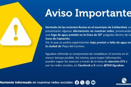 ¡Toma tus precausiones! Aguakan anuncia reducción en el servicio de agua potable debido a una fuga