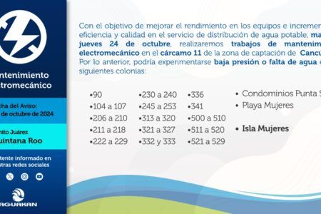 ANUNCIA AGUAKAN TRABAJOS DE MANTENIMIENTO ELECTROMECÁNICO EN CANCÚN